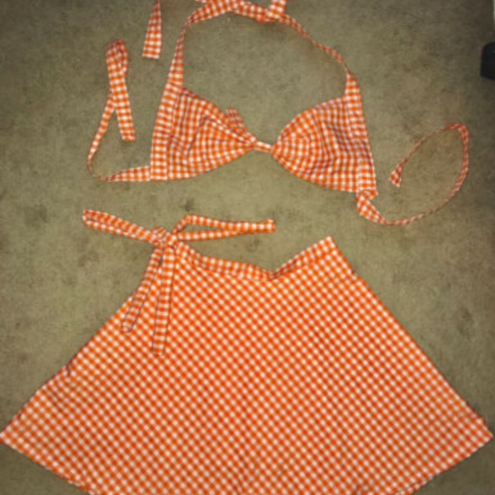 VTG 1940s 1950s Style Orange & White Gingham Playsuit Sun Top & Skirt Playset XS